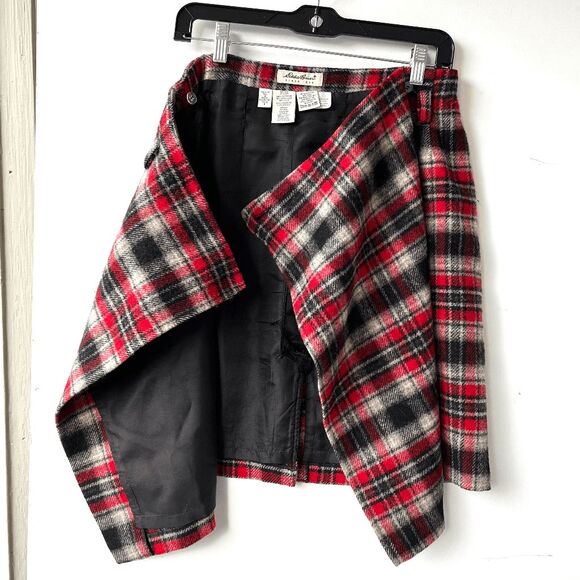 VTG 90s Eddie Bauer Red Black Plaid Wool Wrap Skirt SZ 8 Lined Kilt Style - Picture 3 of 7
